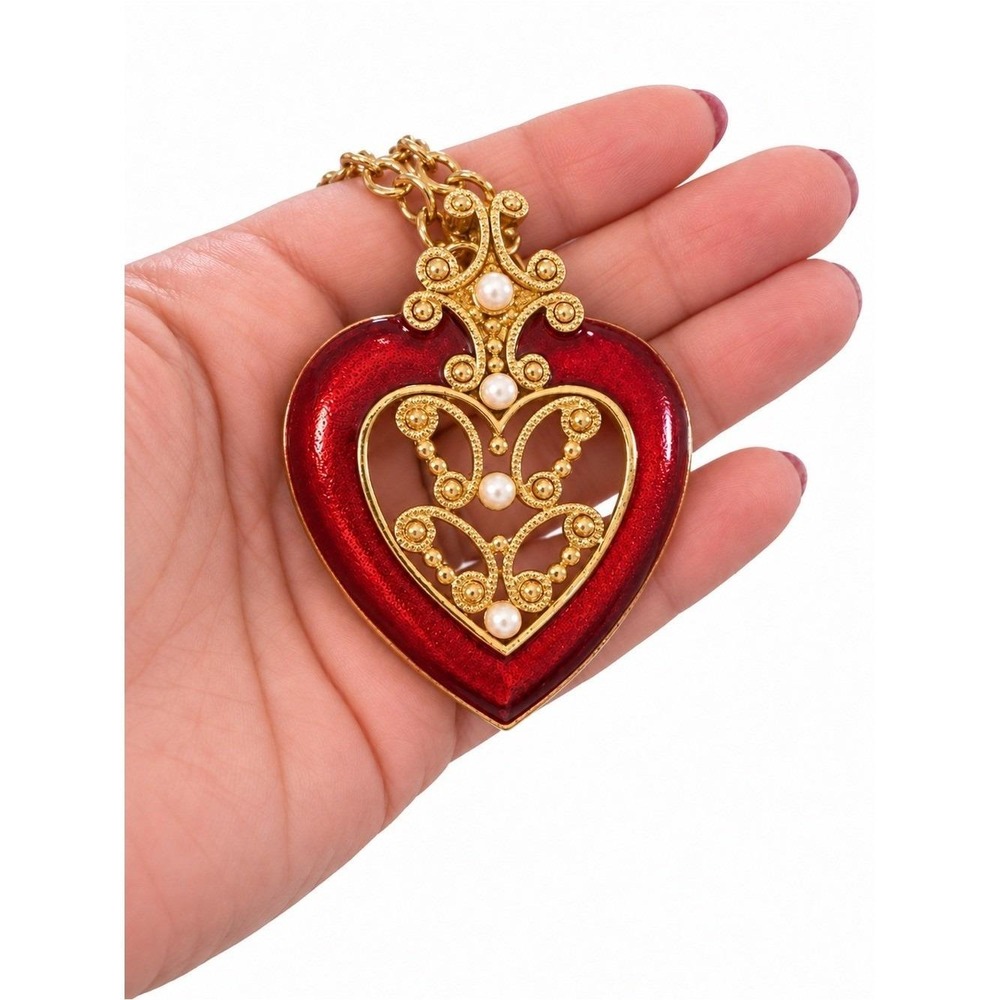 Vintage Signed Avon Red Heart Pendant Necklace 30" Gold Tone Faux Pearl Filigree